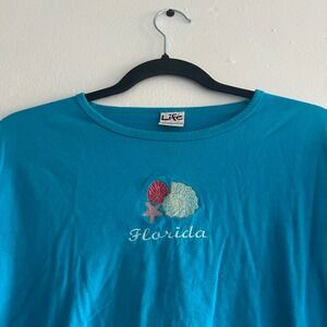 Turquoise Florida Seashell Starfish Embroidered Graphic Tee Shirt Size M
